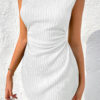 Spinach Green Solid Color Textured Ruched Side Bodycon Tank Dress