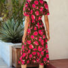 Green Floral Print Striped Trim Split Neck Short Puff Sleeve Ruffle Hem Maxi Dress