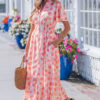 Pink Polka Dot Printed Ruffle Short Sleeve Zip Up Long Dress