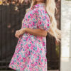 Pink Floral Collared Half Placket Short Sleeve Loose Dress