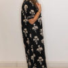 Black Floral Print Frilled Collar Short Puff Sleeve Maxi Dress