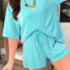 Rose Stripe Raised Rib Loose Tee Drawstring Elastic Waist 2pcs Short Set