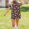Brown Cowgirl Hats Boots Cactus Print Raw Edge Button Down Short Denim Dress