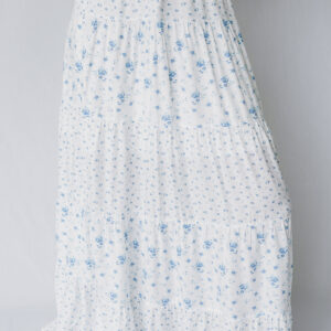 Sky Blue High Waist Tiny Floral Print Boho Maxi Skirt