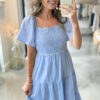 Beau Blue Flowy Short Sleeve Lace Detail Square Neck Tiered Midi Dress