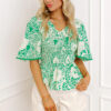 Green Flirty Floral Smocked V Neck Blouse