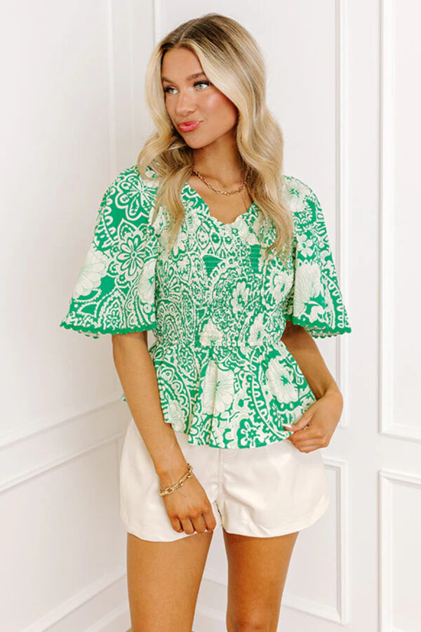 Green Flirty Floral Smocked V Neck Blouse