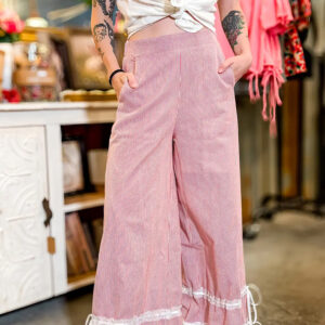 Red Stripe Contrast Lace Ribbon Tie Detail Wide Leg Pants