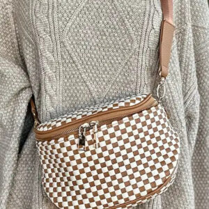 Straw Yellow Checkerboard Woven Zip Crossbody Bag