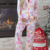 Pink Striped Bow Print Contrast Piping Trim Shirt and Pants 2pcs Pajama Set
