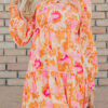Orange Abstract Print Smocked Lantern Sleeve Ruffle Mini Dress