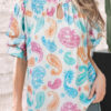 Multicolour Vibrant Paisley Printed Button Keyhole Puff Sleeve Blouse