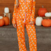 Orange Halloween Print Lapel Shirt Long 2pcs Pajama Set