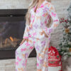 Pink Striped Bow Print Contrast Piping Trim Shirt and Pants 2pcs Pajama Set