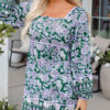 Green Floral Print Piping Trim Bubble Sleeve Square Neck Dress
