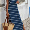 White Stripe Print Open Back Sleeveless Maxi Dress with Slits