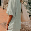 Green Patch Pockets Button Down Short Puff Sleeve Dress