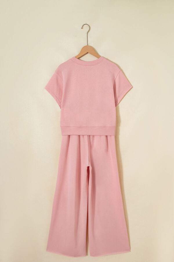 Clearly Aqua Solid Color Loose Tee Drawstring Wide Leg Pants 2pcs Outfit