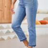 Dark Blue Whiskered Wash Raw Hem Cropped Jeans