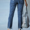 Dark Blue Elastic Waist Straight Leg Destroyed Raw Hem Jeans