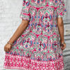 Pink Bohemian Print Tie Neck Ruffle Hem Short Dress