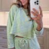 101729780-d1f93d3aeed7dd59.jpg Green Gingham Long Sleeve Loose Top Drawstring Shorts 2pcs Lounge Set