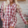 Red Retro Plaid Long Sleeve Shirt Drawstring Shorts 2pcs Lounge Set