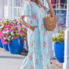 Pink Notched Neck Flutter Short Sleeve Floral Print Maxi Dress