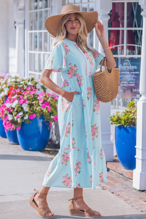 Pink Notched Neck Flutter Short Sleeve Floral Print Maxi Dress