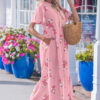 Pink Notched Neck Flutter Short Sleeve Floral Print Maxi Dress