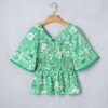 Green Flirty Floral Smocked V Neck Blouse