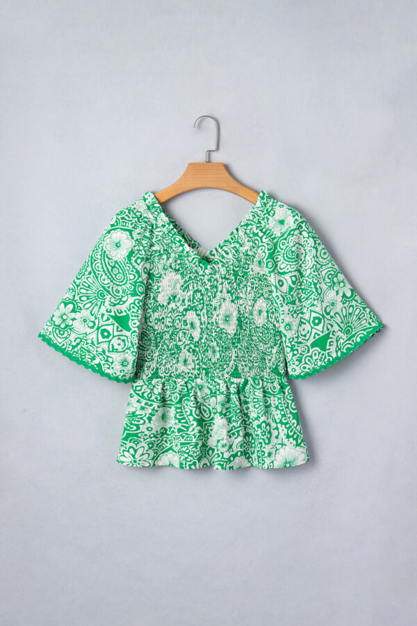 Green Flirty Floral Smocked V Neck Blouse