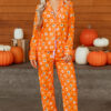 Orange Halloween Print Lapel Shirt Long 2pcs Pajama Set