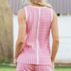 Pink Stripe Textured Contrast Trim Casual Tank and Shorts Set
