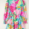 Green Multicolor Botanical Bubble Sleeve Mini Dress