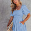 Sky Blue Brown Square Neck Ruched Puff Sleeve Romper