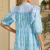 Sky Blue Boho Floral Geometric Patchwork Ruffle Detail Puff Sleeve Mini Dress
