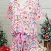 Pink Nutcracker Doll Christmas Print Ribbon Tie Waist Short 2pcs Pajama Set