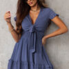 Blue Deep V Neck Self-tie Knotted Front Layered Flare Mini Dress