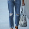 Dark Blue Elastic Waist Straight Leg Destroyed Raw Hem Jeans