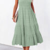 Rose Shirred Pleated Square Neck Sleeveless Midi Dress