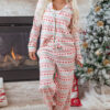 White Christmas Pattern Print Shirt Style Long 2pcs Pajama Set