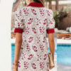 Red Geometric Floral Print Lace Trim Collared Short Sleeve Mini Dress