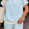 Pink Stripe Cuffed Sleeve Contrast Mock Neck Tee Casual 2pcs Short Set