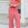 Sky Blue Stripe Crew Neck Tee Drawstring Waist Cropped Pants Set