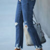 Dark Blue Elastic Waist Straight Leg Destroyed Raw Hem Jeans