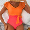 Vitality Orange Color Block Ruffled Knotted Backless One Piece Swimsuit