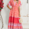 Red Floral Print Tasseled Tied Sleeve Empire Waist Maxi Dress