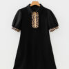 Black Leopard Patchwork Zip Collared Short Puff Sleeve Shift Mini Dress