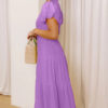 Clearly Aqua Solid Color V Neck Short Puff Sleeve High Waist Tiered Maxi Dress